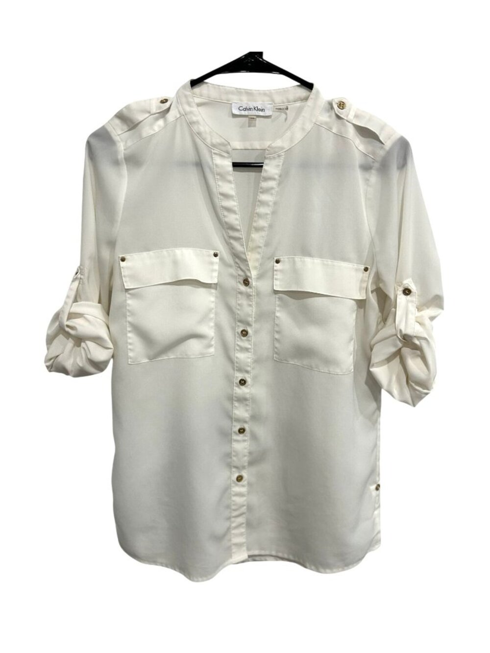 Calvin Klein XS White Roll Tab Sleeve Blouse Shirt Top Minimalist CleanGirl